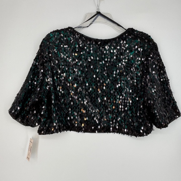 Roz & Ali Womens XL Large Cropped Bolero Open Front Jacket Green Black Sequins - Picture 5 of 8